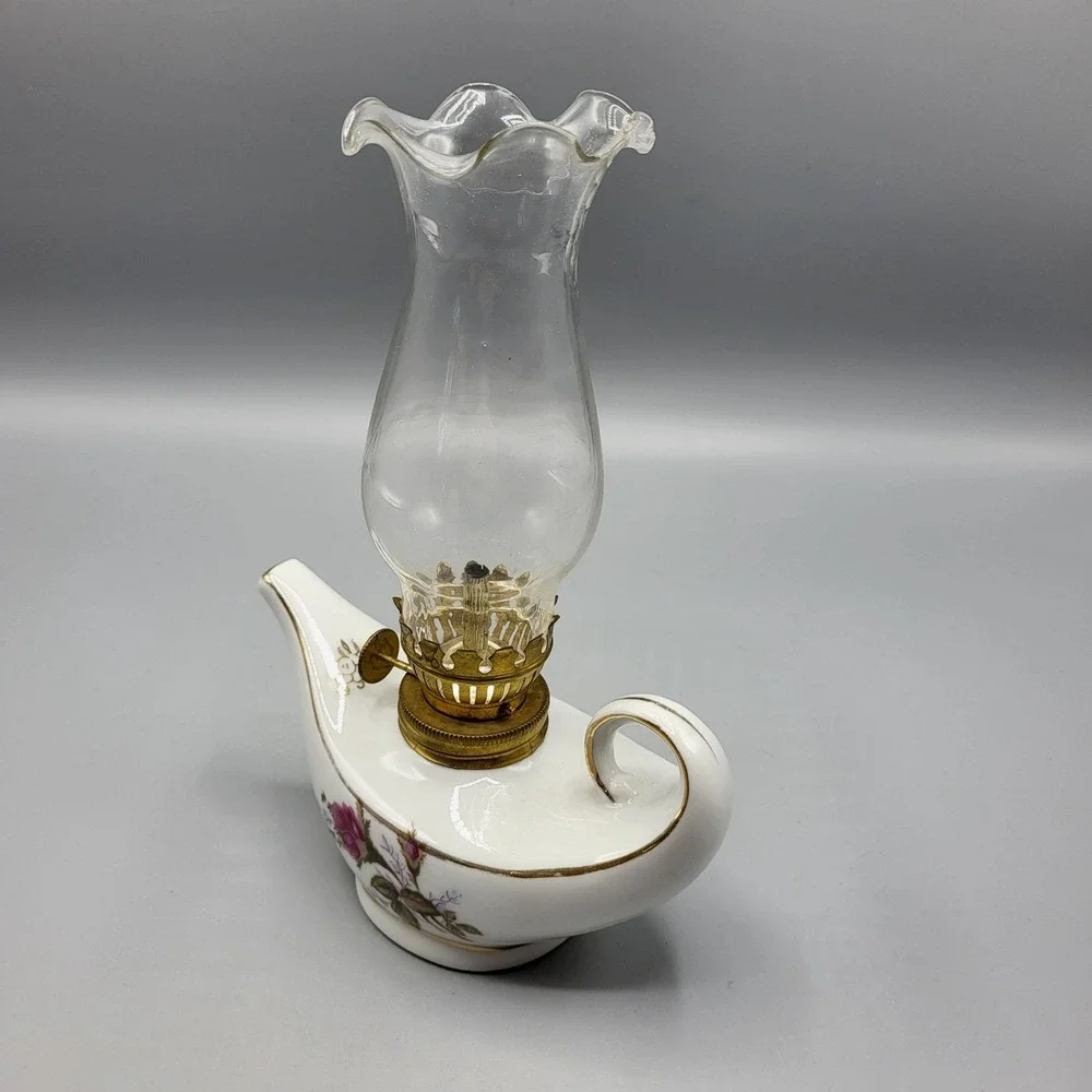 Vtg Genie Aladdin Mini Porcelain Oil Lamp Moss Rose Gold Trim Japan 7.5